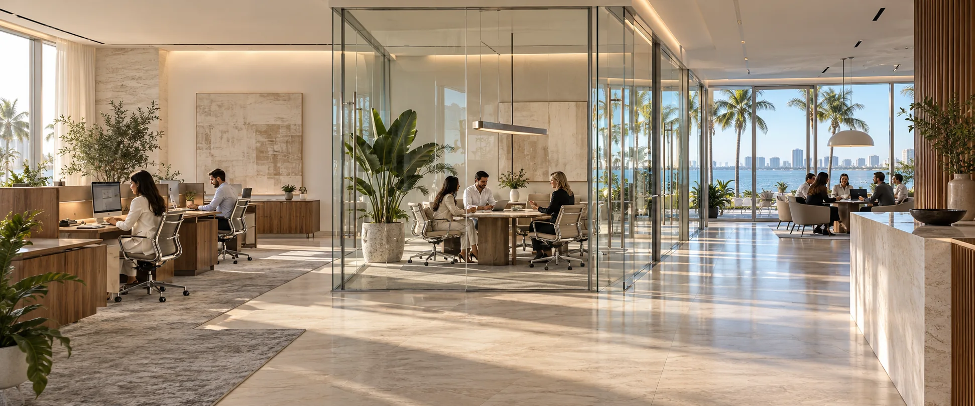 Illustrative bright office with workstations, a glass collaboration room, and a connected team space.