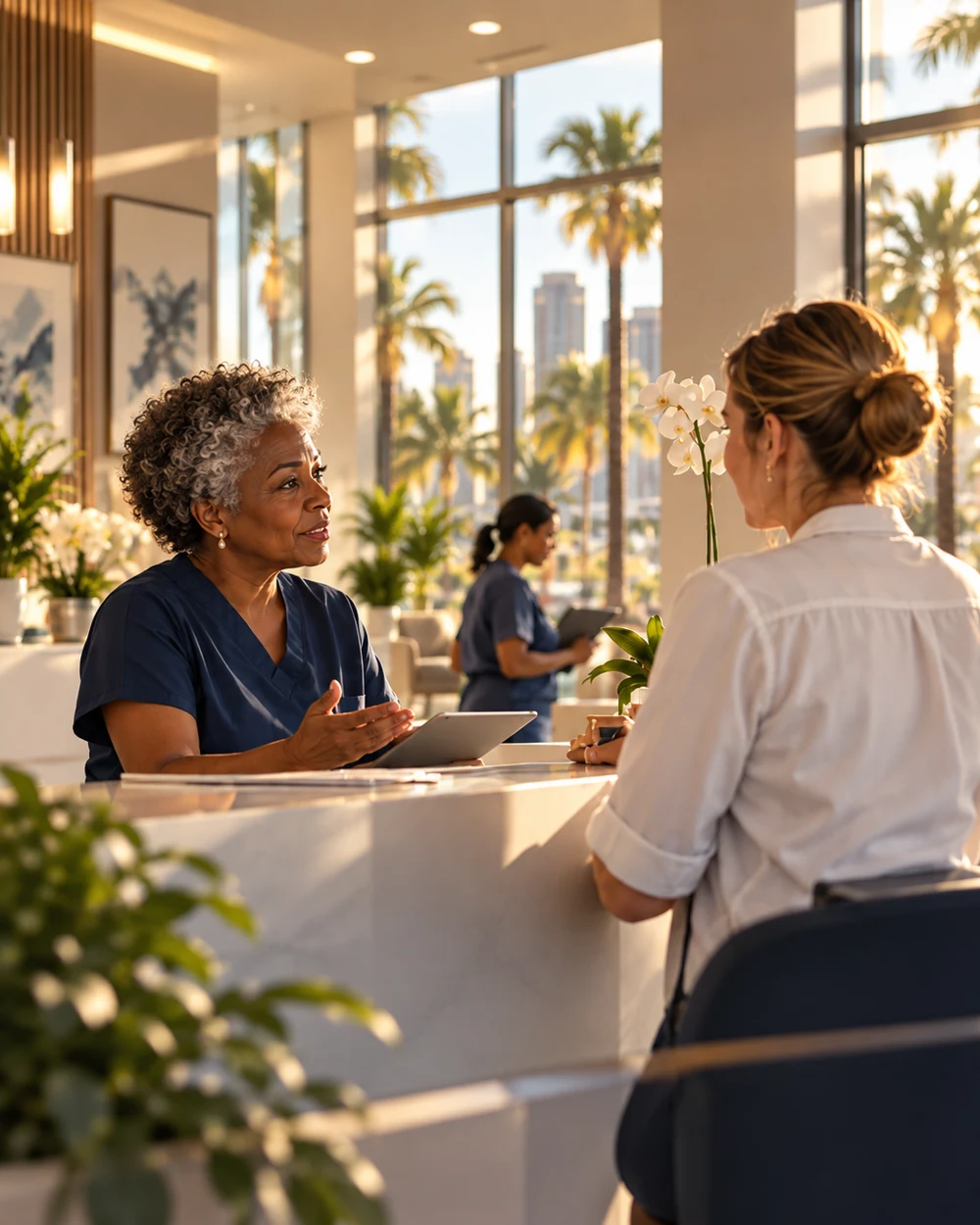 Illustrative scene of a medical practice manager speaking with a colleague at reception.