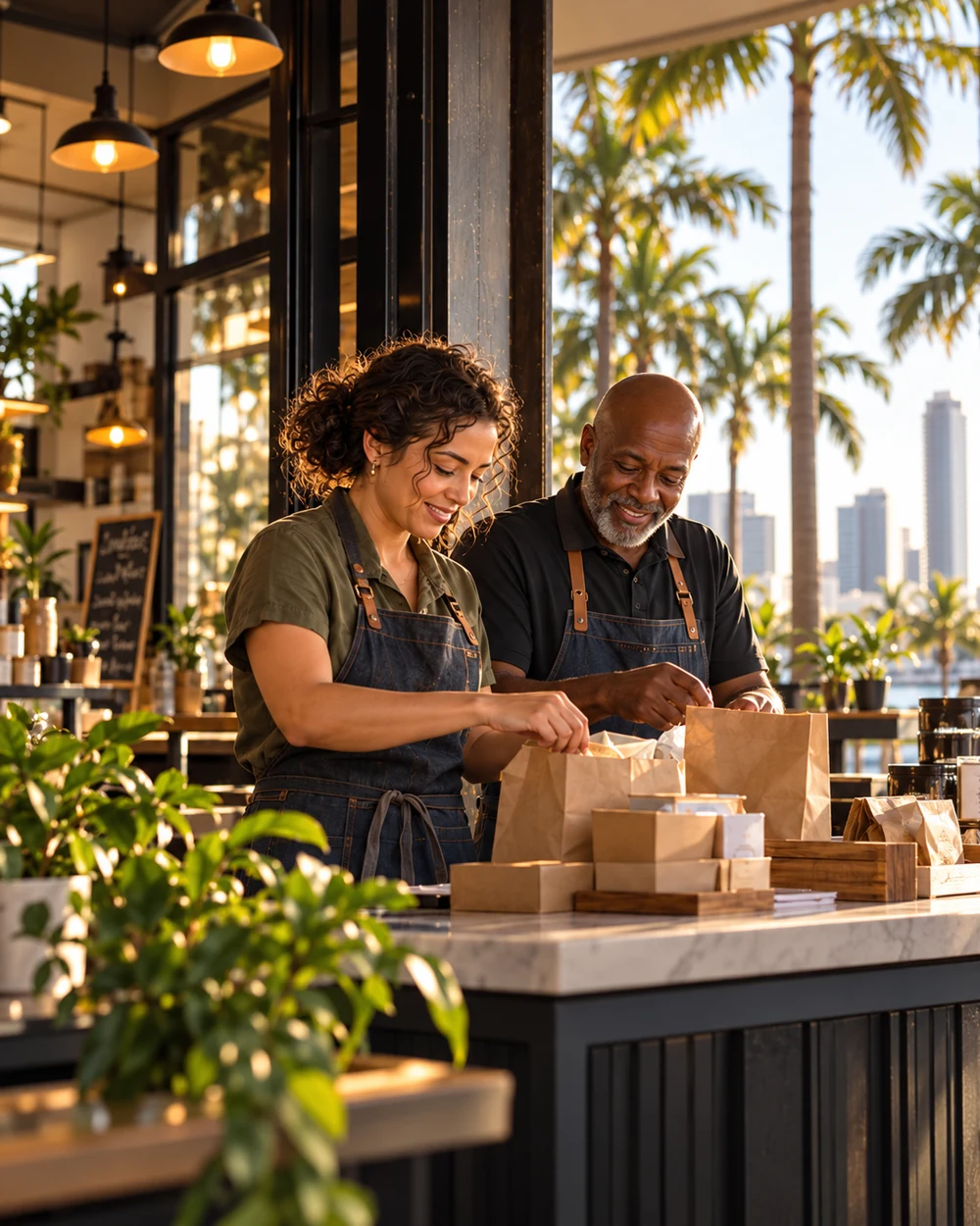 Illustrative scene of two local business owners preparing orders at their counter.