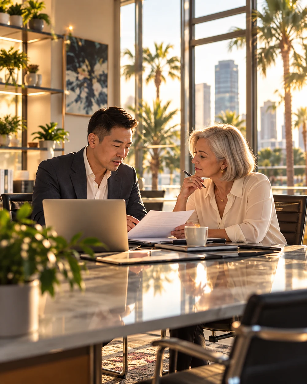 Illustrative scene of business professionals reviewing documents together.