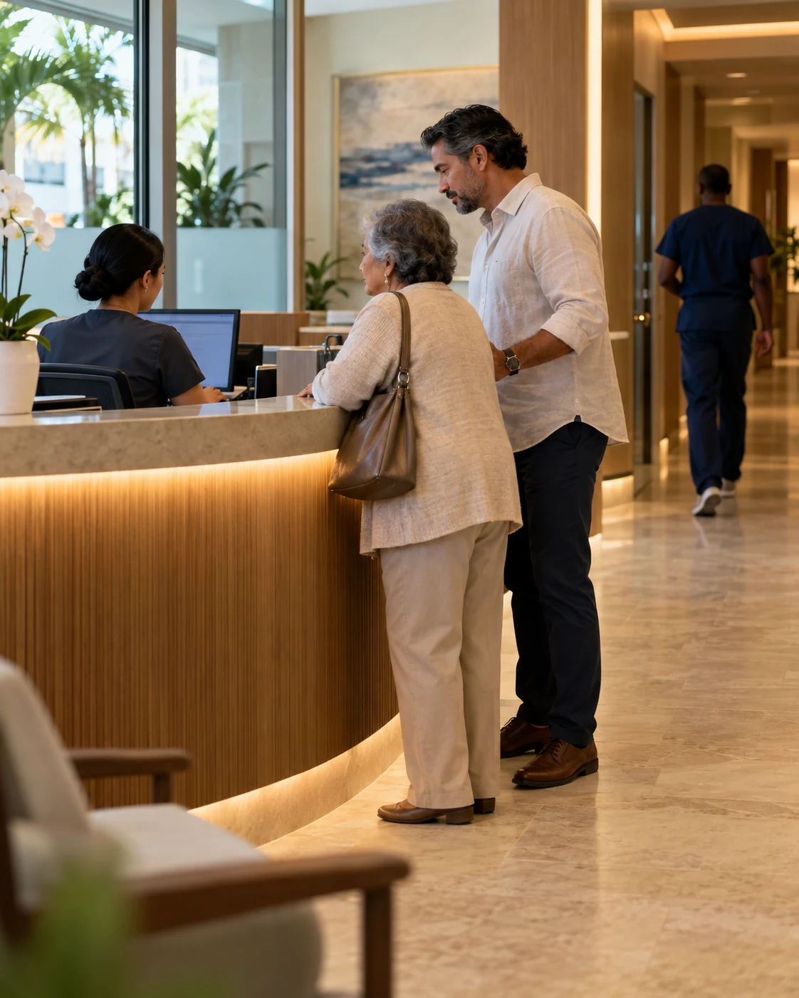 Illustrative patient and her son checking in at a medical practice reception.